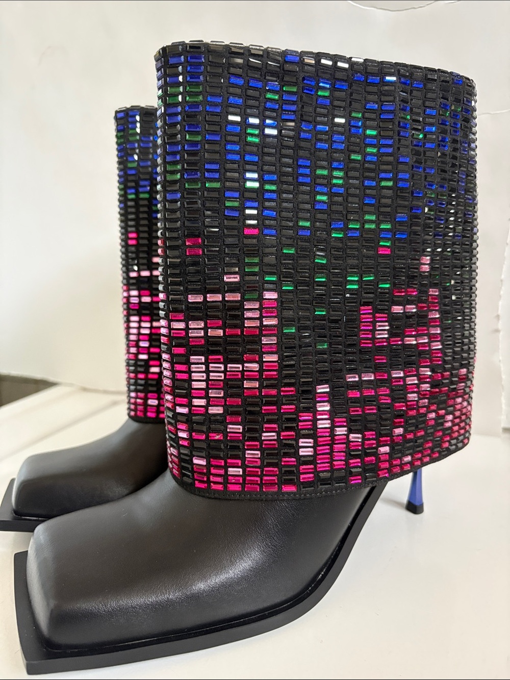 AZALEA WANG Sequined Black Ankle Boots with Pink Accents